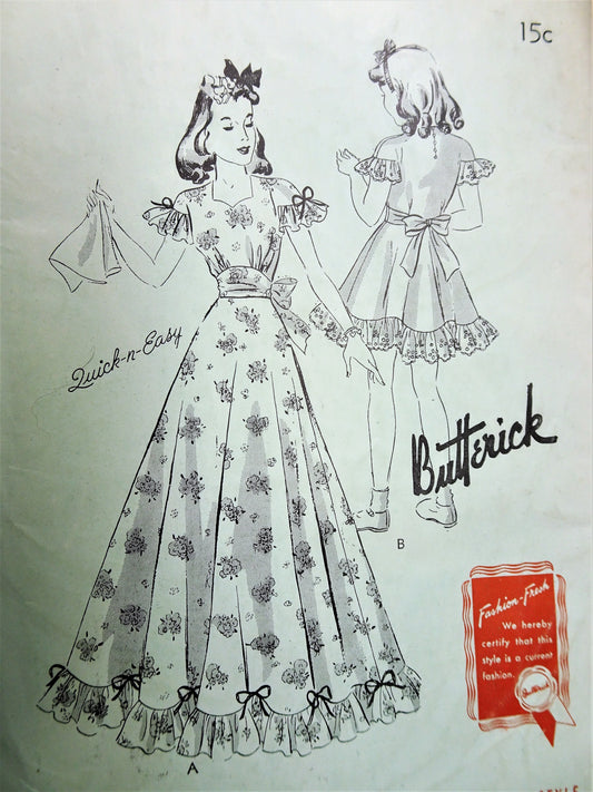 1940s BEAUTIFUL Girls Party Special Occasion Dress Pattern BUTTERICK 9378 Full Length or Regular Size 12 Quick n Easy Childrens Vintage Sewing Pattern