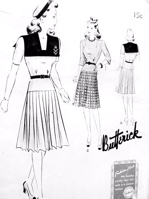 CUTE 1940s FROCK Dress Pattern BUTTERICK 9385 Large Sailor Collar Pleated Skirt 2 Styles Bust 28 Vintage Forties Sewing Pattern FACTORY FOLDED