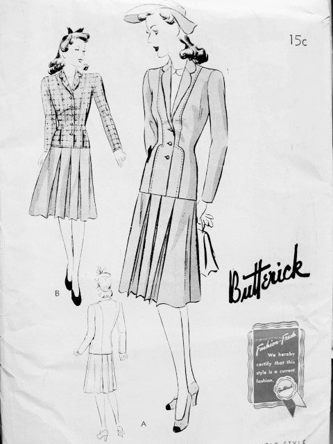 1940s Two Pc SUIT Pattern BUTTERICK 9397 Jacket in 2 Lengths Skirt Pleated Front and Back Bust 30 Vintage Forties Sewing Pattern FACTORY FOLDED