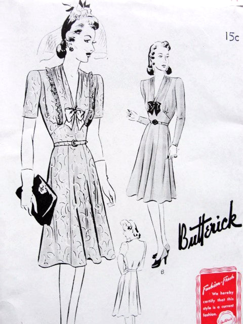 1940s LOVELY Dress Pattern BUTTERICK 9405 Draped V Neckline 2 Style Versions Bust  42 or 44 Vintage Forties Sewing Pattern FACTORY FOLDED