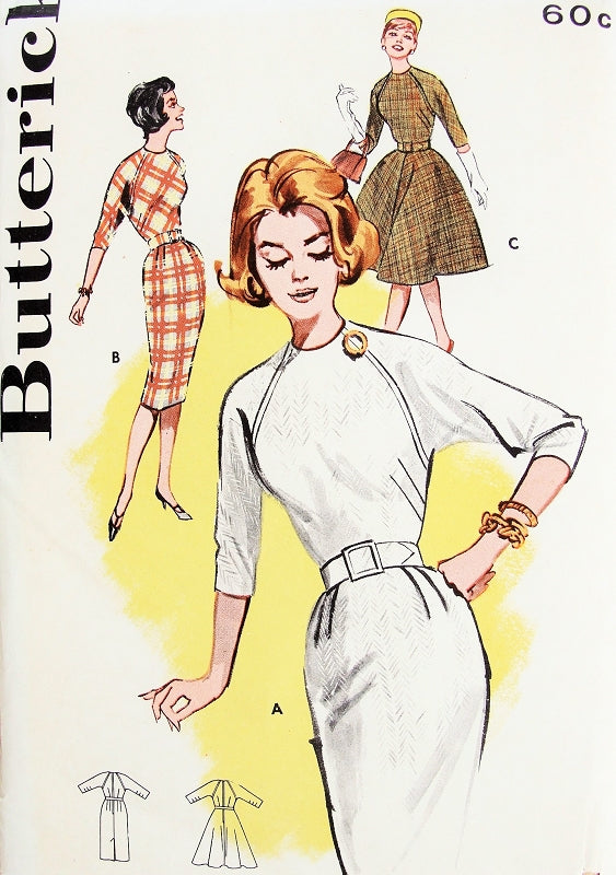 1960s  Slim Sheath or Flared Skirt Mad Men Era Dress Pattern Butterick 9465 Raglan Sleeved, Jewel Neckline Fitted Bodice Classic Design Vintage Sewing Pattern Bust 34 or 38