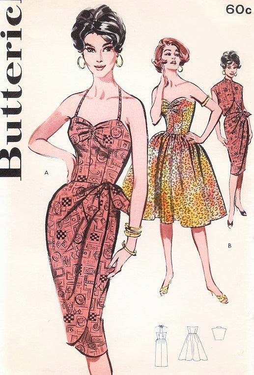1960s BOMBSHELL Cocktail Party Dress Pattern BUTTERICK 9629  Strapless or Halter Slim Sarong or Full Skirt Evening Party Dress ,Sleeveless Bolero Tiki Style Bust 32 Vintage Sewing Pattern