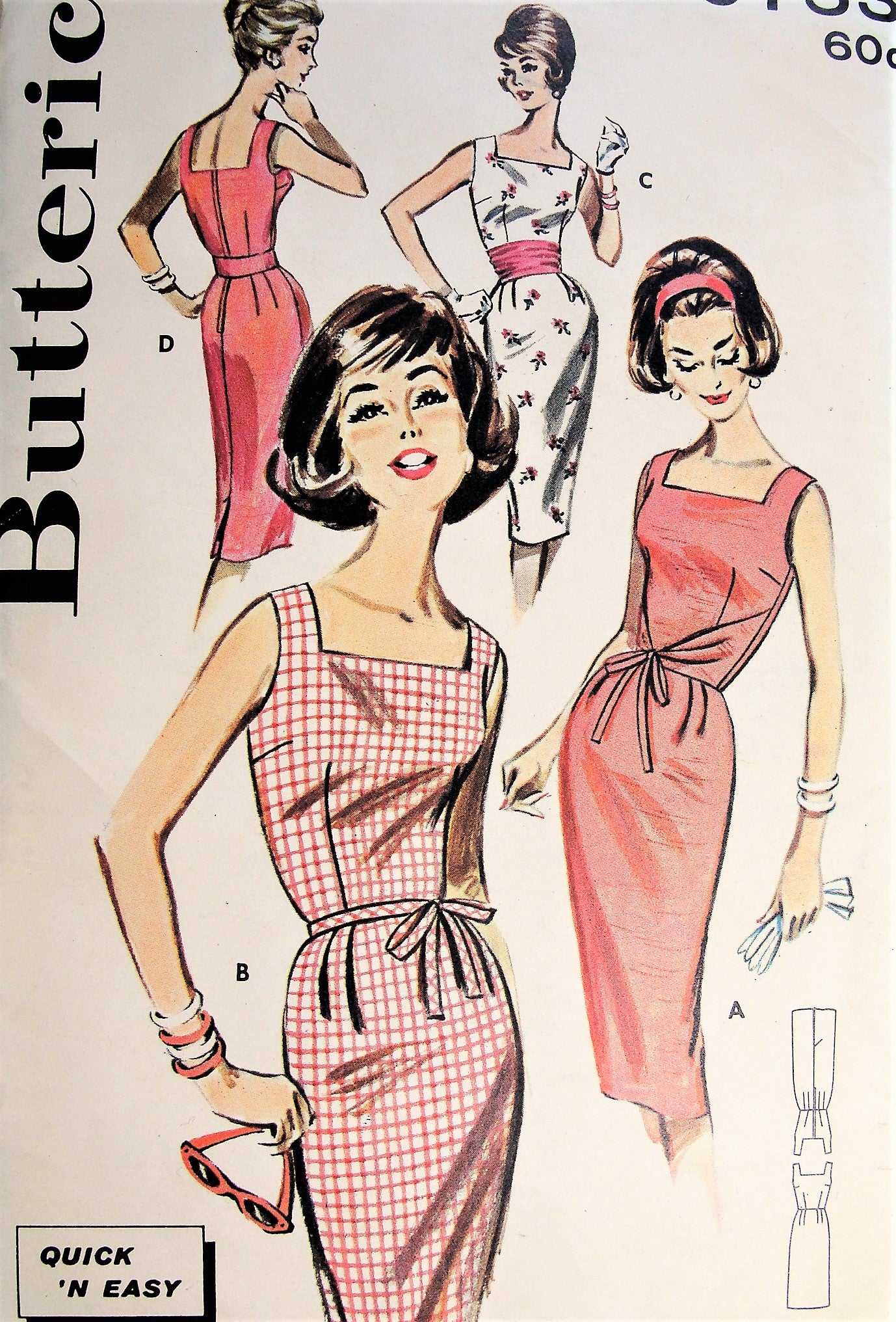 1960s SIZZLING Slim Dress Pattern BUTTERICK 9753 Square Neckline Sheath Day or After 5 Cocktails Dinner Dress  Bust32 Quick n Easy Vintage Sewing Pattern FACTORY FOLDED