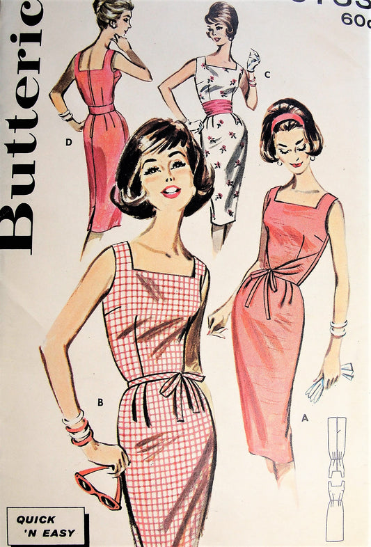 1960s SIZZLING Slim Dress Pattern BUTTERICK 9753 Square Neckline Sheath Day or After 5 Cocktails Dinner Dress  Bust32 Quick n Easy Vintage Sewing Pattern FACTORY FOLDED
