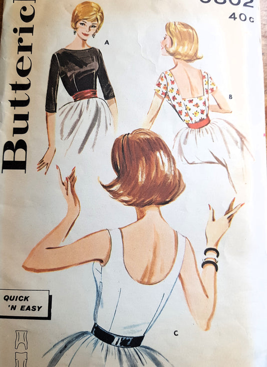 LOVELY Early 60s Quick n Easy Blouse Pattern BUTTERICK 9802 Three Pretty Styles, Low Backs, Bust 34  Daytime or Evening, Vintage Sewing Pattern