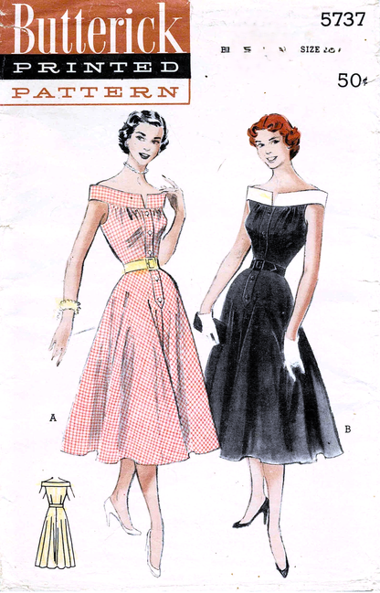 1950s BEAUTIFUL Dress Pattern BUTTERICK 5737 Bateau Neckline Full Skirt Dress Day or Party, Bust 34 Vintage Sewing Pattern FF