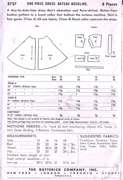 1950s BEAUTIFUL Dress Pattern BUTTERICK 5737 Bateau Neckline Full Skirt Dress Day or Party, Bust 34 Vintage Sewing Pattern FF