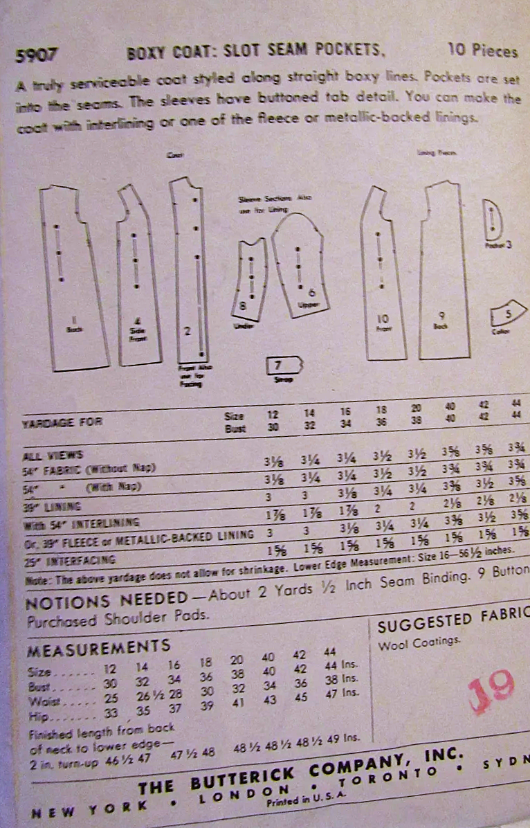 1950s SLEEK Coat Pattern BUTTERICK 5907 Boxy Coat, Slot Seam Pockets, Bust 32 Vintage Sewing Pattern FF