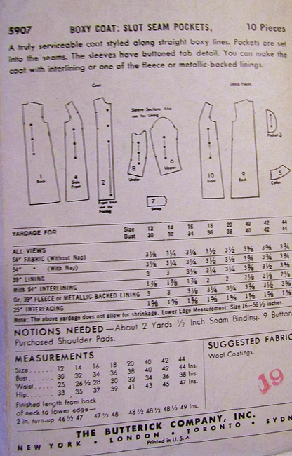 1950s SLEEK Coat Pattern BUTTERICK 5907 Boxy Coat, Slot Seam Pockets, Bust 32 Vintage Sewing Pattern FF