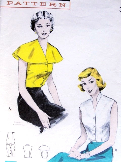 1950s Blouse Pattern Butterick 6135 Sleeveless Blouse Flattering Cape or Rockabilly Stand Up Collar Easy To Sew Bust 32 or 34 Vintage Sewing Pattern UNCUT