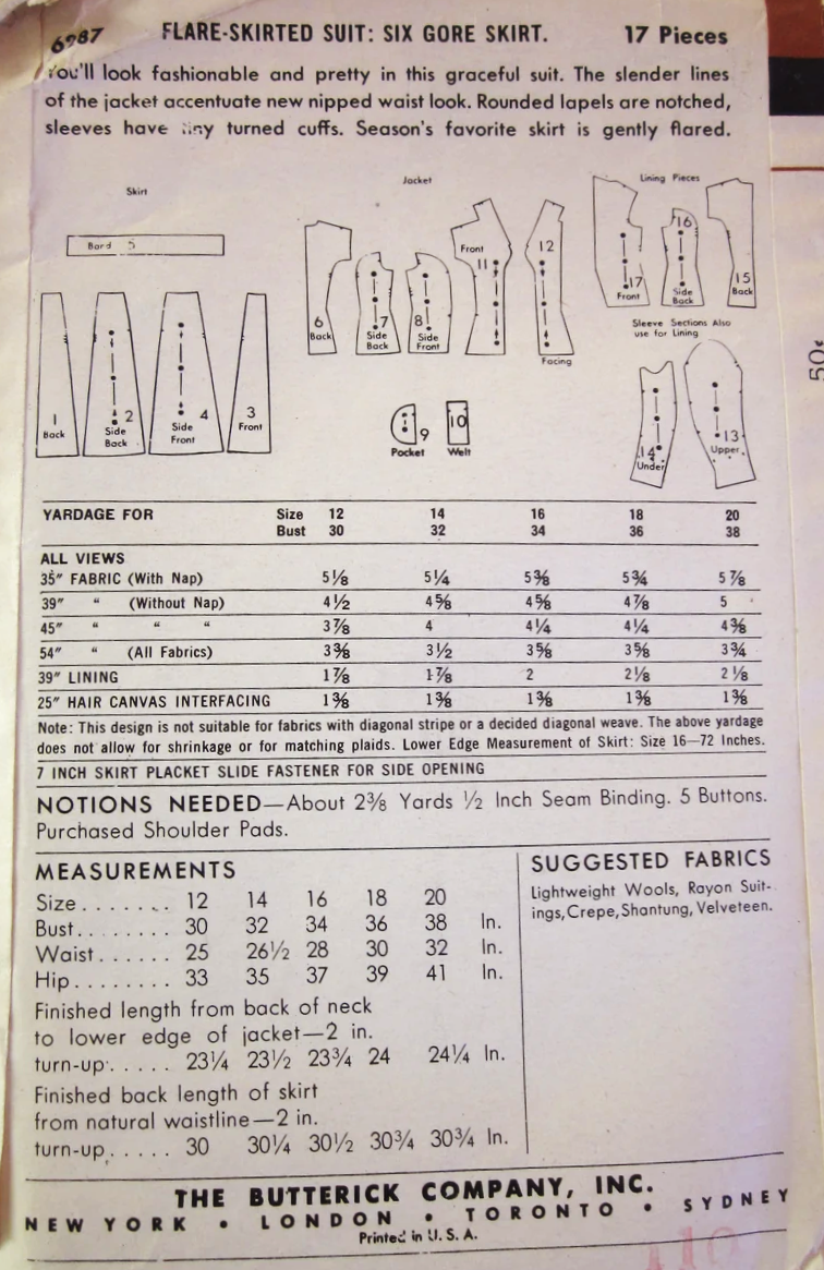 1950s BEAUTIFUL Flared Skirted Suit Pattern BUTTERICK 6287 Lovely Fitted Jacket Bust 32 Vintage Sewing Pattern FF