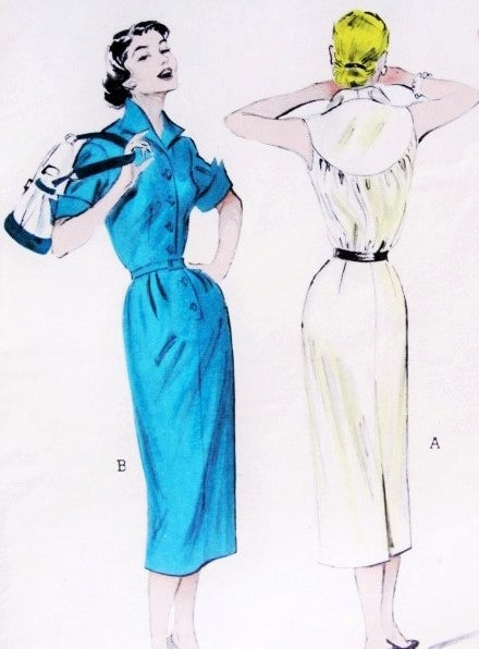 1950s Rockabilly Slim Dress Pattern Crisp Wing Collared Deep Back Yoke Slim Skirt with Back Kick Pleat Butterick 6504 Vintage Sewing Pattern Bust 30 FACTORY FOLDED