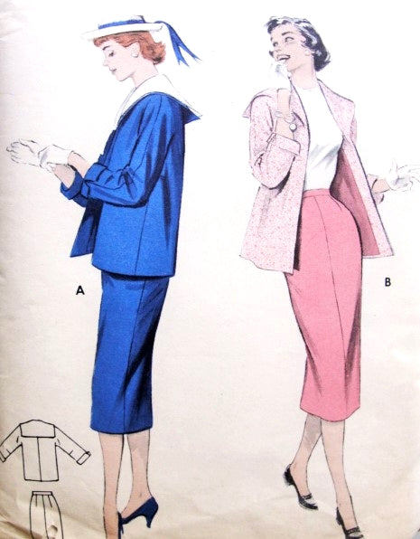 1950s CUTE Sailor Collar Suit Pattern BUTTERICK 7260  Slim Skirt Box Jacket Breezy Nautical Sailor Collar Bust 32 Vintage Sewing Pattern