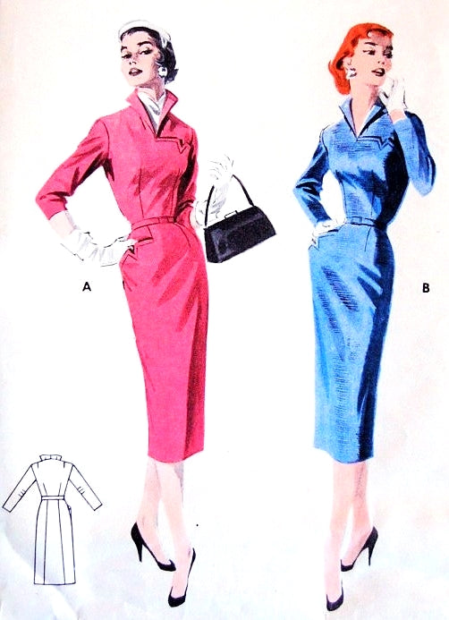 1950s Stunning Slim Dress Pattern Butterick 7479 Striking Wing Collar Wiggle Slim Dress Bust 34 Vintage Sewing Pattern