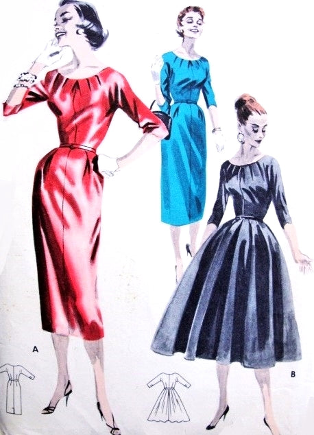 1950s Lovely Day or Cocktail Evening Dress Pattern Butterick 7947 Stunning Tucked Neckline Slim or Full Skirt  Figure Flattering Design Vintage Sewing Pattern FACTORY FOLDED