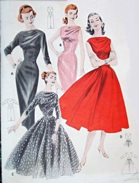 1950s GORGEOUS Cocktail Evening Dress Pattern BUTTERICK 8038 Striking Draped Neckline Slim Sheath or Full Skirt Bateau Neckline, Low Back Bust 33 Vintage Sewing Pattern