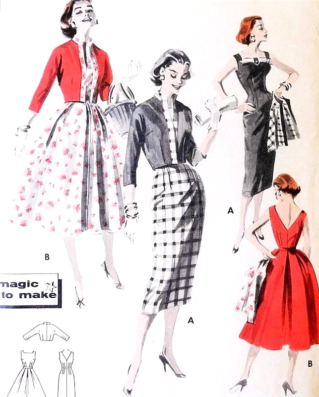 1950s ROCKABILLY Bombshell Dress and Jacket Pattern BUTTERICK 8090 Sheath Slim or Full Skirt V Back Bust 36 Vintage Sewing Pattern
