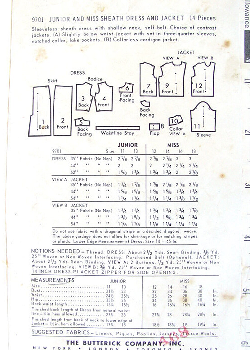 1960 STYLISH Sheath Dress and Jacket Pattern BUTTERICK 9701 Day or After 5, 2 Jacket Styles, Bust 36 Vintage Sewing Pattern FF