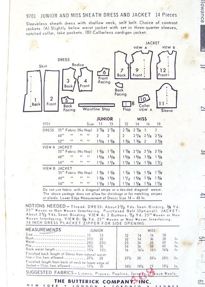 1960 STYLISH Sheath Dress and Jacket Pattern BUTTERICK 9701 Day or After 5, 2 Jacket Styles, Bust 36 Vintage Sewing Pattern FF