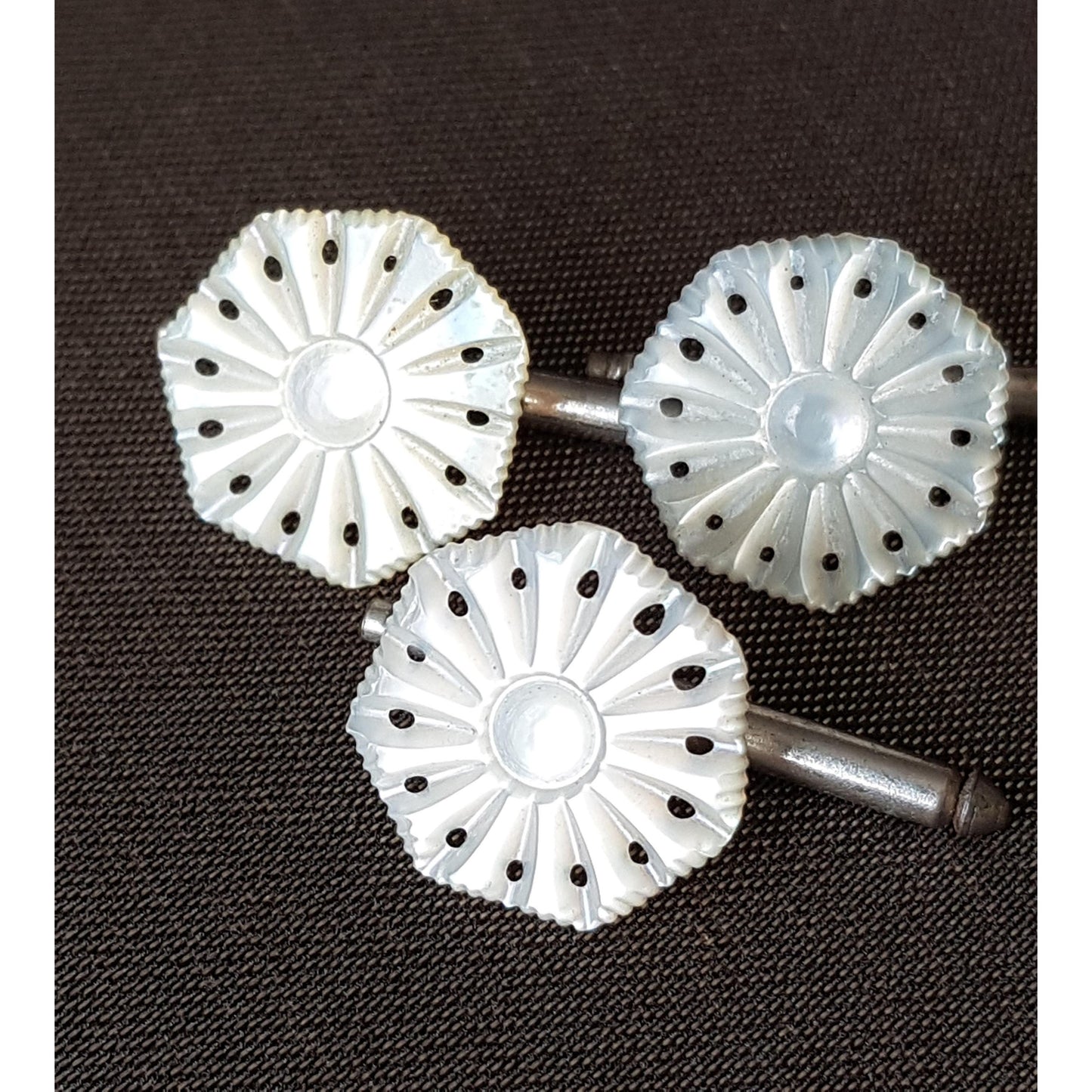BEAUTIFUL Antique Hand Carved Shirt Blouse Stud Buttons,Lustrous Carved Mother of Pearl Buttons,Set of 3,Collectible Vintage Buttons Jewelry