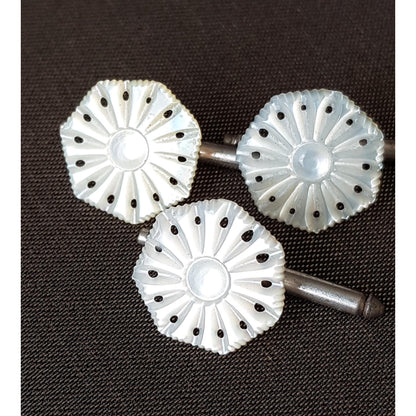 BEAUTIFUL Antique Hand Carved Shirt Blouse Stud Buttons,Lustrous Carved Mother of Pearl Buttons,Set of 3,Collectible Vintage Buttons Jewelry