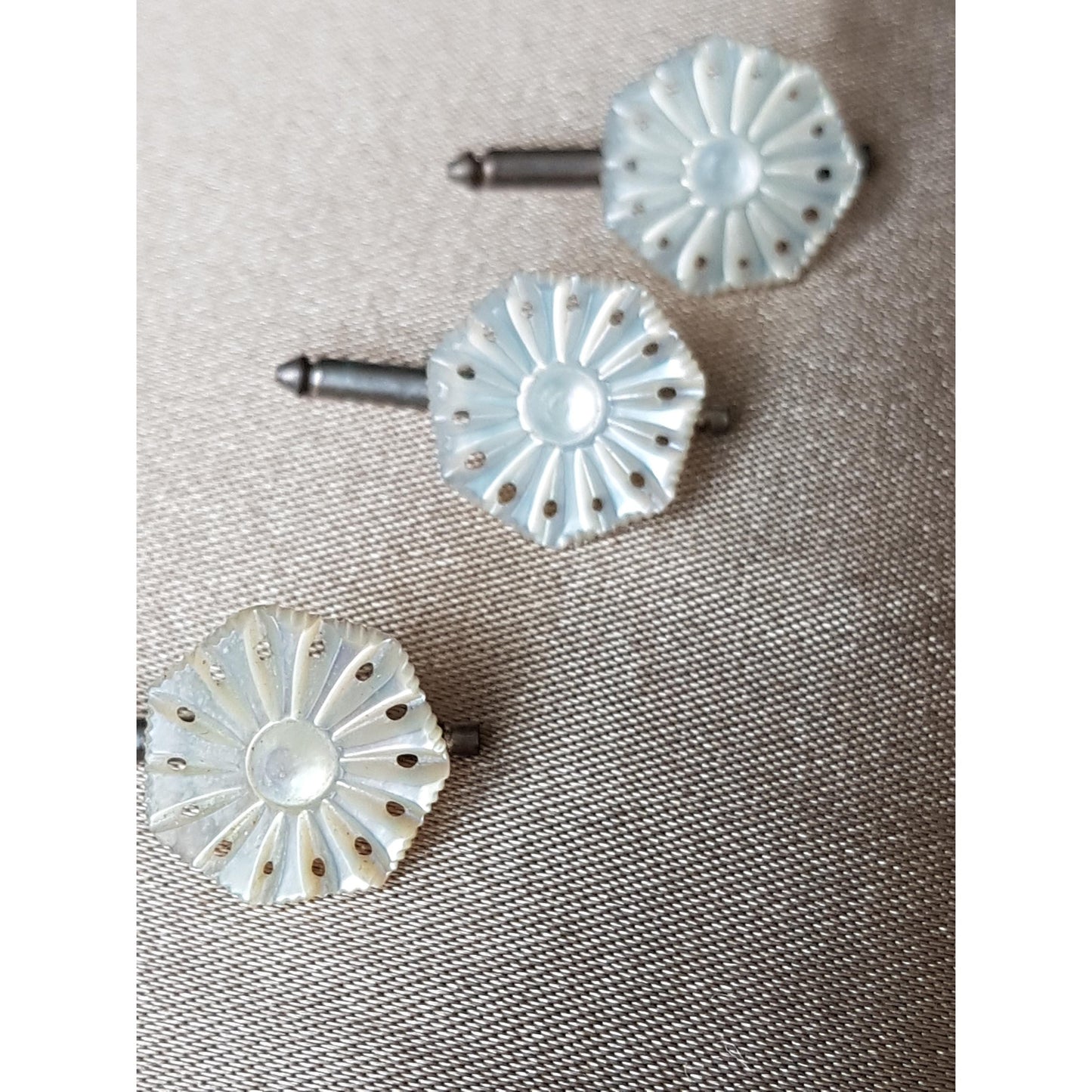 BEAUTIFUL Antique Hand Carved Shirt Blouse Stud Buttons,Lustrous Carved Mother of Pearl Buttons,Set of 3,Collectible Vintage Buttons Jewelry