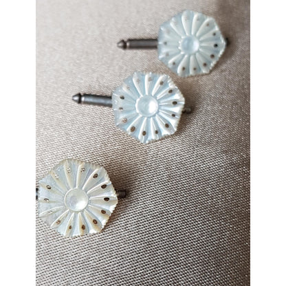 BEAUTIFUL Antique Hand Carved Shirt Blouse Stud Buttons,Lustrous Carved Mother of Pearl Buttons,Set of 3,Collectible Vintage Buttons Jewelry