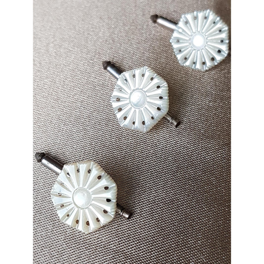 BEAUTIFUL Antique Hand Carved Shirt Blouse Stud Buttons,Lustrous Carved Mother of Pearl Buttons,Set of 3,Collectible Vintage Buttons Jewelry