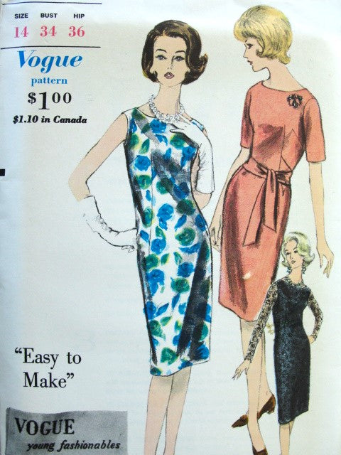 1960s CLASSY Sheath Dress Pattern VOGUE Young Fashionables 5433 Day or Evening, Bust 34 Easy To Make Vintage Sewing Pattern FF