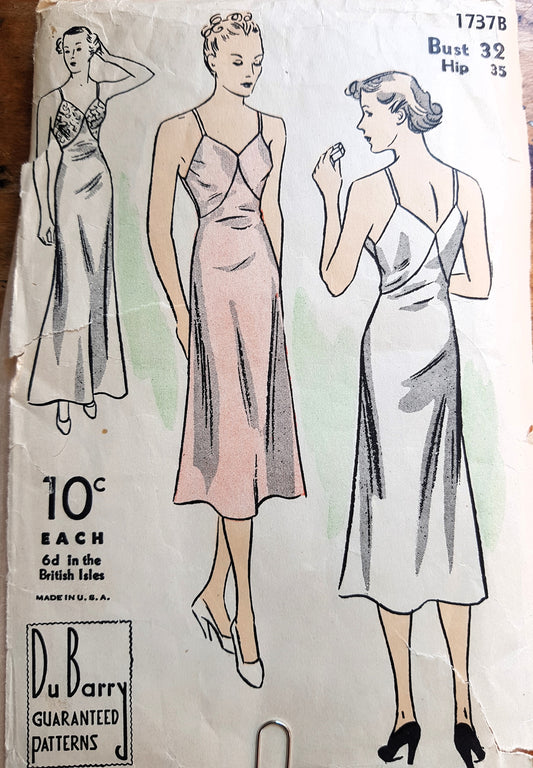 1930s BEAUTIFUL SLINKY Slip Day or Evening Length Pattern DuBARRY 1737 Lovely Bias Cut Design, Would Make Wonderful Evening Dress, Bust 32 Vintage Sewing Pattern