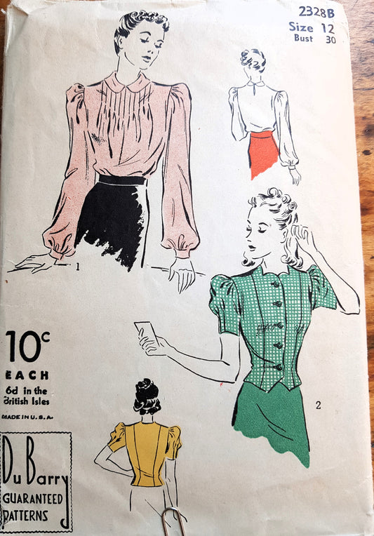 1930s FABULOUS Blouse Set Pattern DuBARRY 2328B  Soft Romantic Tuck In Blouse or Waist Coat Style Over Blouse Bust 30 Vintage Sewing Pattern