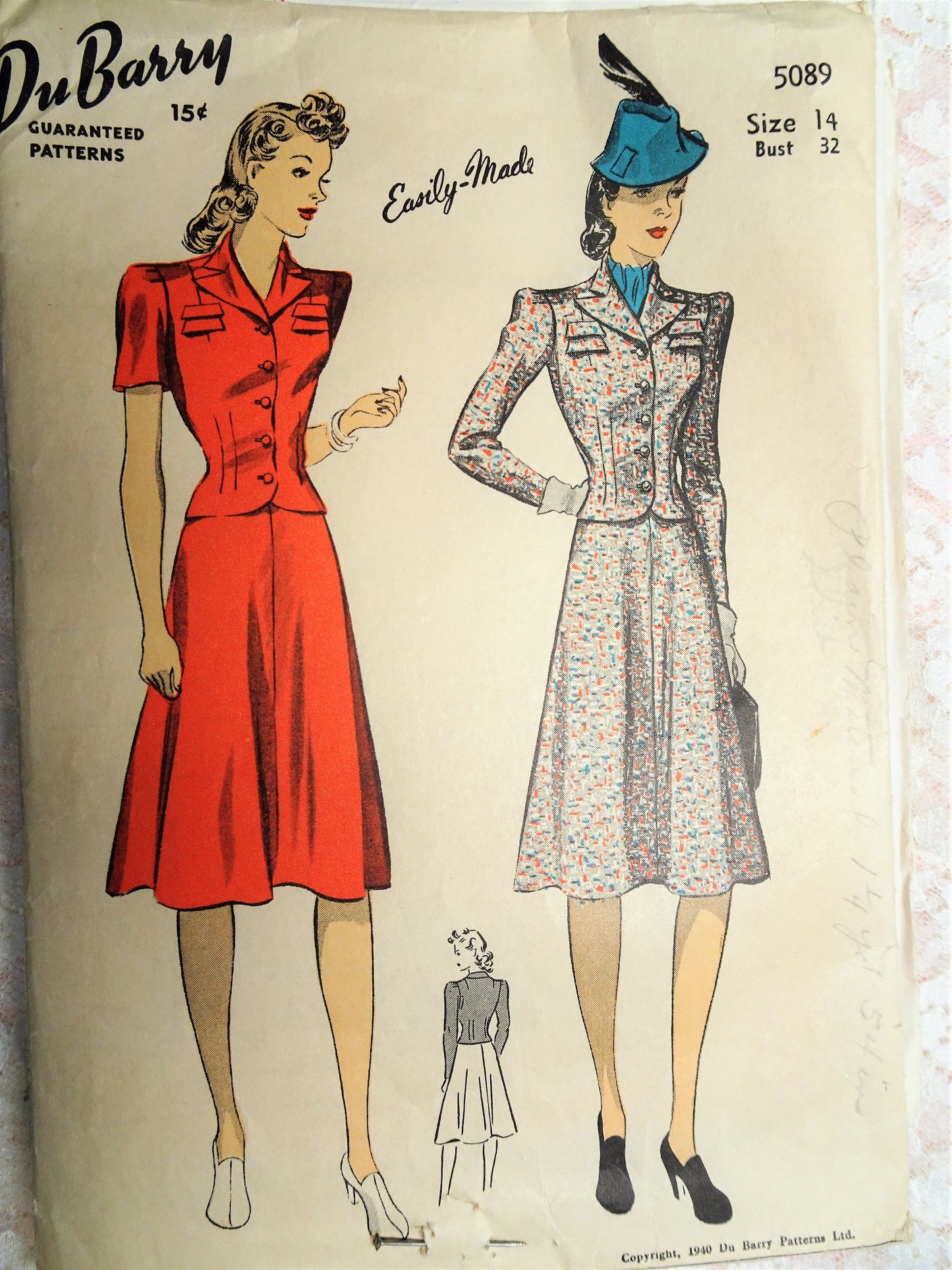 1940s SHARP Two pc Dress or Suit Pattern DuBARRY 5089 Easily Made Fitted Tailored Jacket Flared Skirt Bust 32 Vintage Sewing Pattern