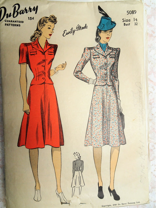 1940s SHARP Two pc Dress or Suit Pattern DuBARRY 5089 Easily Made Fitted Tailored Jacket Flared Skirt Bust 32 Vintage Sewing Pattern