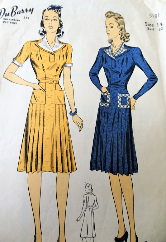 1940s CLASSIC Dress Pattern DuBARRY 5181 Front Pleated Dress, 2 Versions, Bust 32 Vintage Sewing Pattern