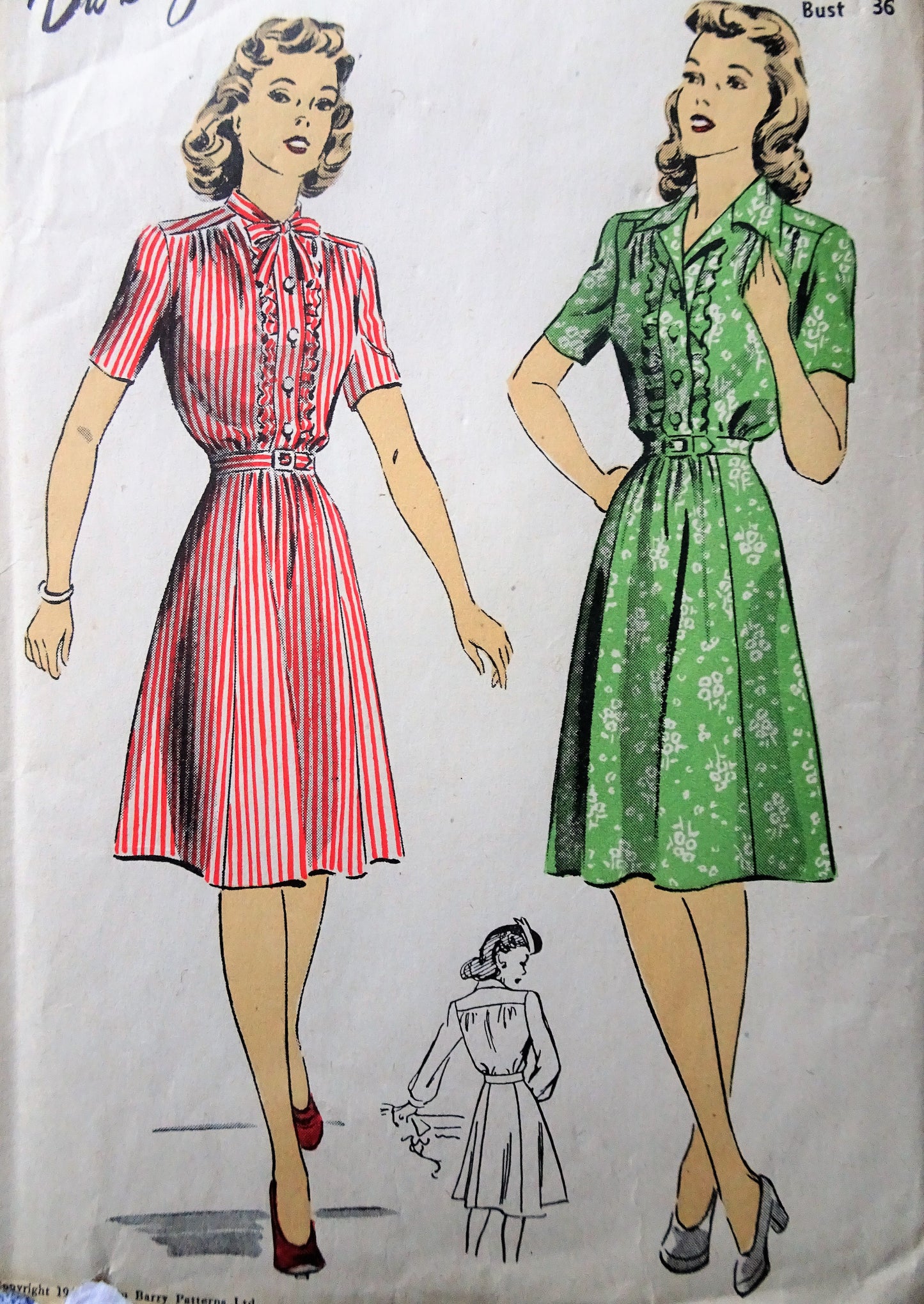 1940s CUTE and Classic 1940s Shirtwaist Dress Pattern DuBARRY 5866 Pretty Design Details, WW II Era, Bust 36 Vintage Sewing Pattern