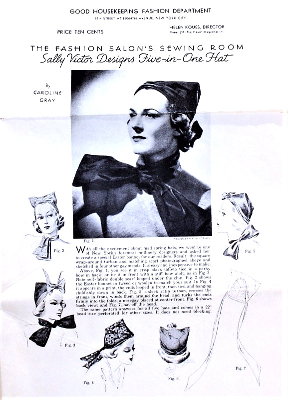 RARE 1930s ART DECO Sally Victor Designs FIVE in ONE HAT Pattern Good HouseKeeping Fashion Salon Sewing Room Wrap Around Turban and Scarf Vintage Sewing Pattern UNCUT