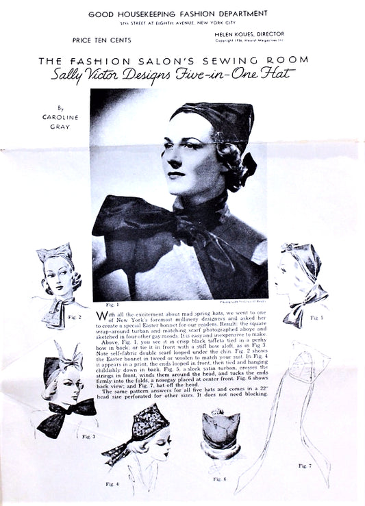 RARE 1930s ART DECO Sally Victor Designs FIVE in ONE HAT Pattern Good HouseKeeping Fashion Salon Sewing Room Wrap Around Turban and Scarf Vintage Sewing Pattern UNCUT