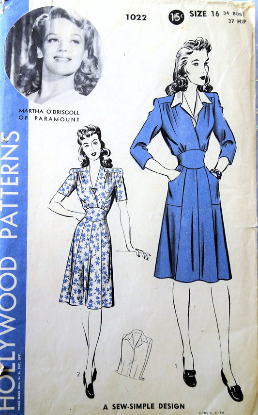 1940s WONDERFUL Dress and Dickey Pattern HOLLYWOOD 1022 Featuring Paramount Star Martha O'Driscoll Bust 34 Vintage Sewing Pattern