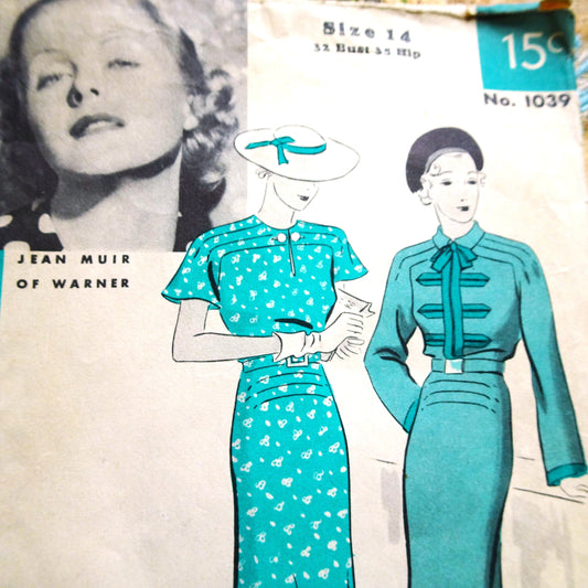 STUNNING 1930s Frock Dress Pattern HOLLYWOOD 1039 Features Starlet Jean Muir Beautiful Day or Cocktail Dinner Dress, Easy To Sew Dress Bust 32 Vintage Sewing Pattern