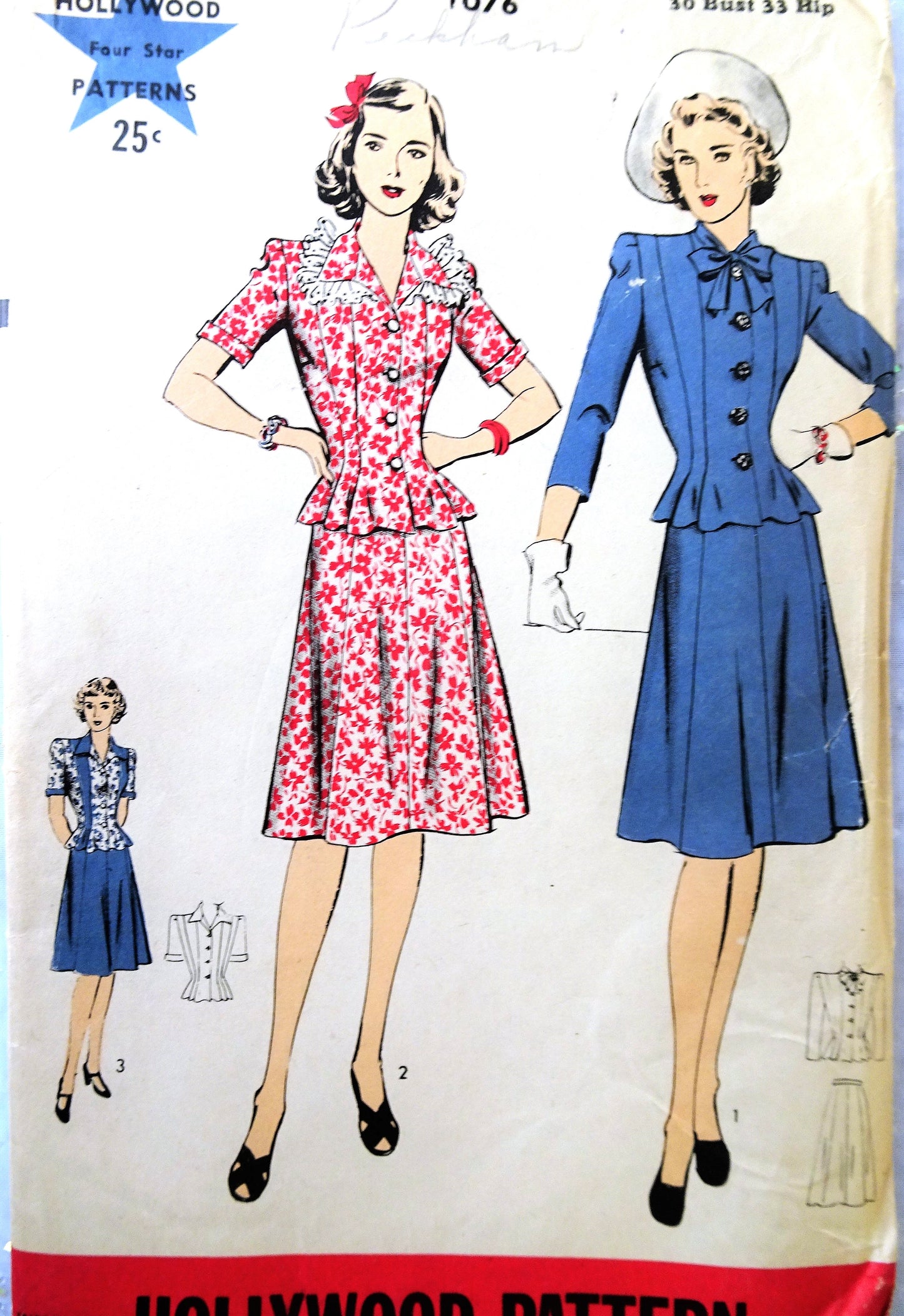 1940s STYLISH 2 Pc Dress Pattern HOLLYWOOD 1076 Beautiful Peplum Like Blouse, Bust 30 Vintage Sewing Pattern