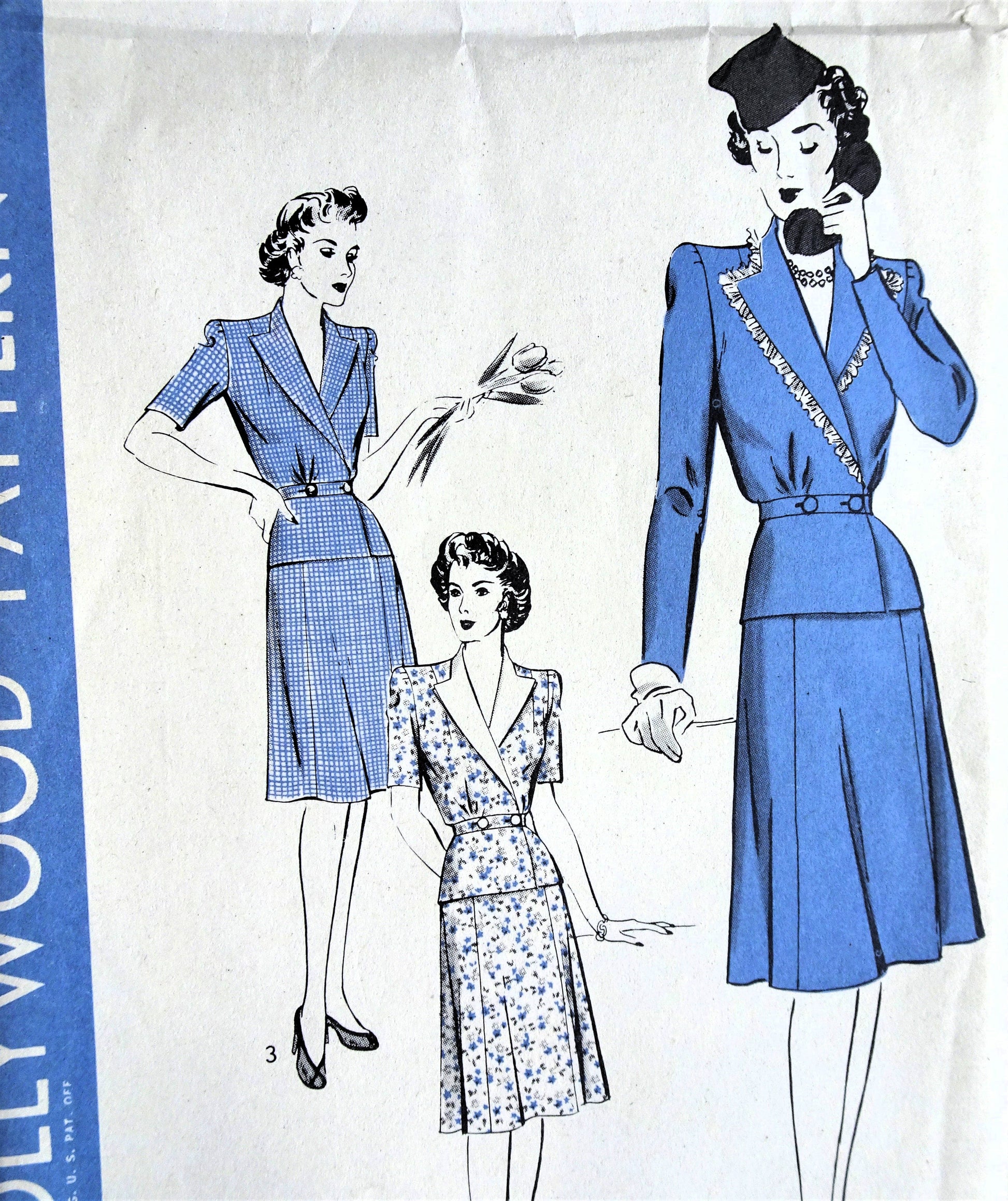 1940s SMART 2 Pc Dress Pattern HOLLYWOOD 1078 WWII Era Peplum Blouse, Slightly Flared 6 Gored Skirt, Bust 36 Factory Folded Vintage Sewing Pattern