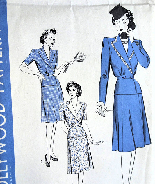 1940s SMART 2 Pc Dress Pattern HOLLYWOOD 1078 WWII Era Peplum Blouse, Slightly Flared 6 Gored Skirt, Bust 36 Factory Folded Vintage Sewing Pattern