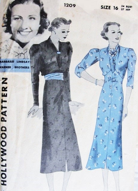 STUNNING 1930s Frock Dress Pattern HOLLYWOOD 1209 Features Starlet Margaret Lindsay Beautiful Day or Cocktail Easy To Sew Dress Bust 34 Vintage Sewing Pattern