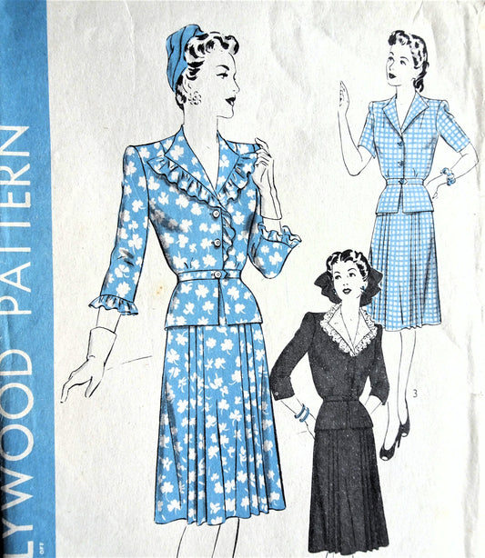 1940s STYLISH 2 Pc Dress Pattern HOLLYWOOD 1297 Peplum Blouse Top Pleated Front Skirt Bust 36 Vintage Sewing Pattern