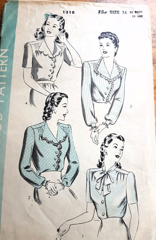 1940s BEAUTIFUL Set of Blouses Pattern HOLLYWOOD 1318 Four Lovely Style Versions, Feminine, Bust 34 Vintage Sewing Pattern