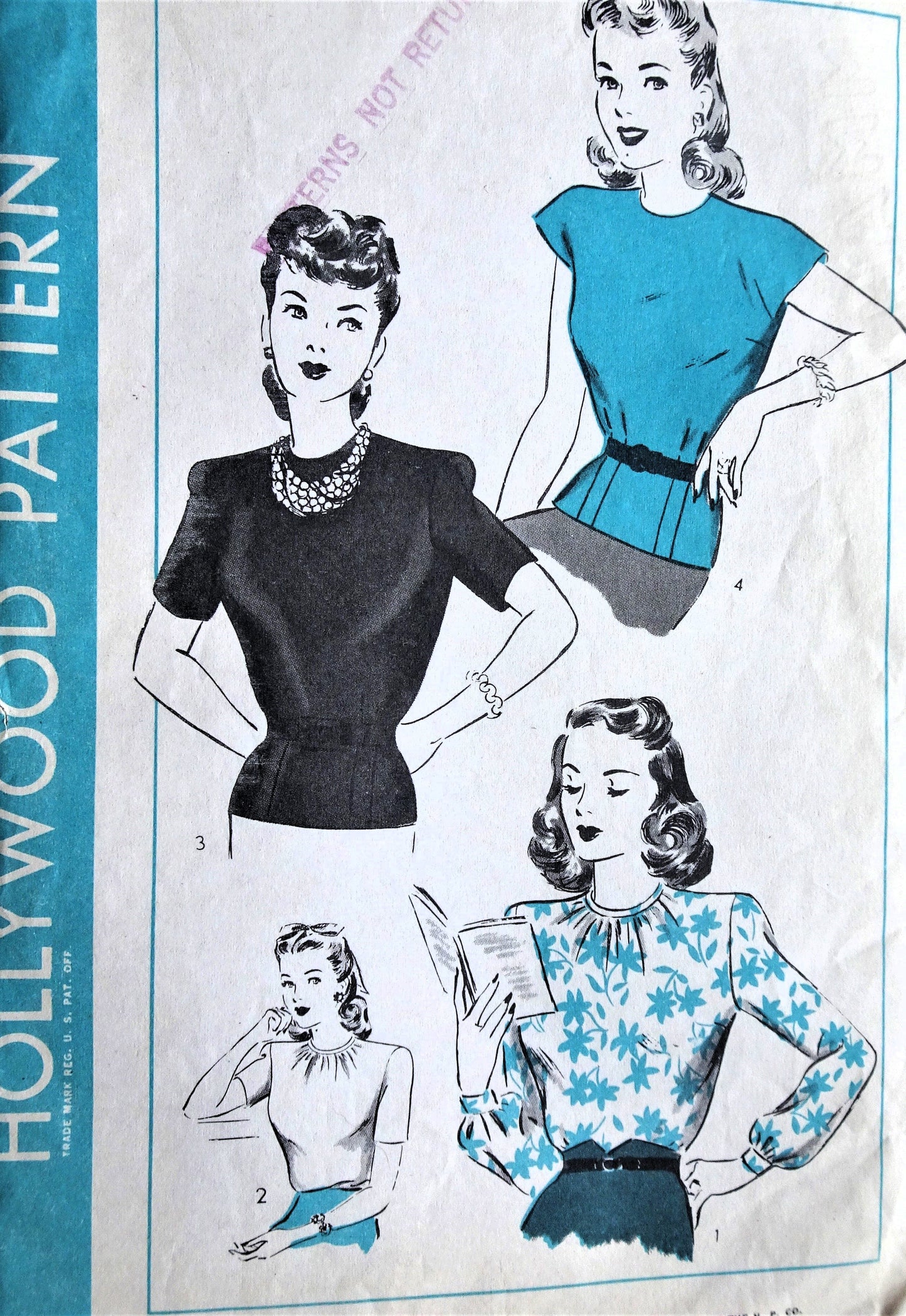 1940s PRETTY Blouse Pattern HOLLYWOOD 1478 Four Style Versions Tuck In and Overblouses, Bust 32 Vintage Sewing Pattern