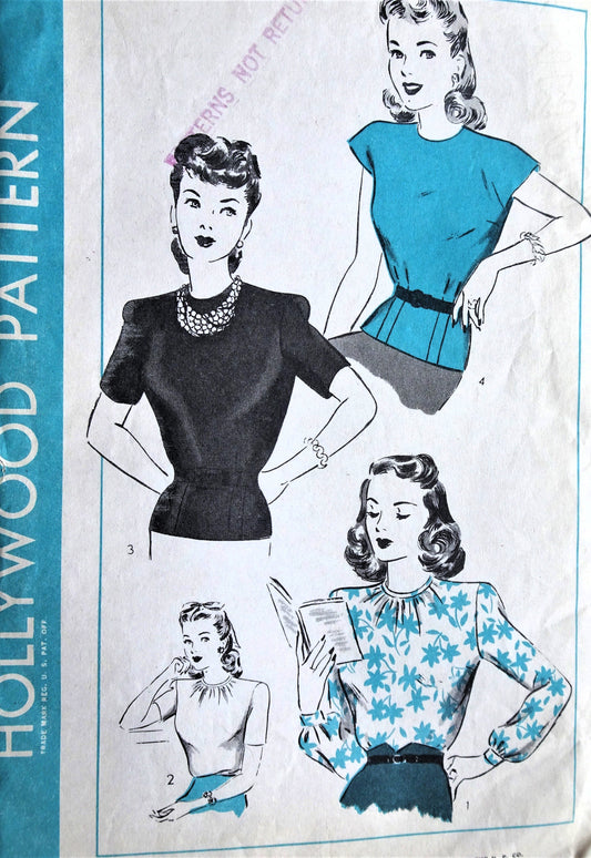 1940s PRETTY Blouse Pattern HOLLYWOOD 1478 Four Style Versions Tuck In and Overblouses, Bust 32 Vintage Sewing Pattern