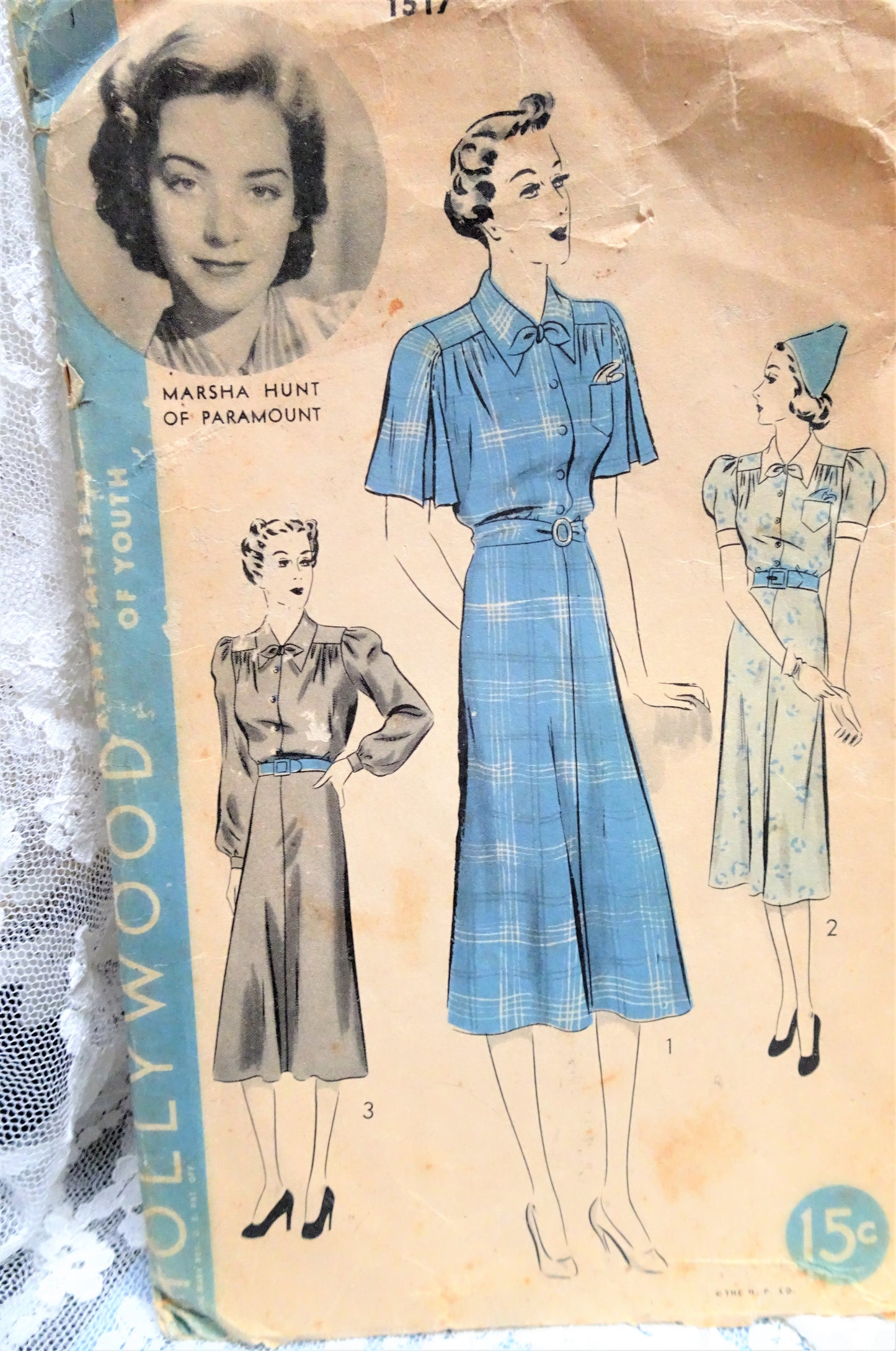1930s PRETTY Dress Pattern HOLLYWOOD 1517 Features Starlet Marsha Hunt Three Style Versions Bust 34 Vintage Sewing Pattern