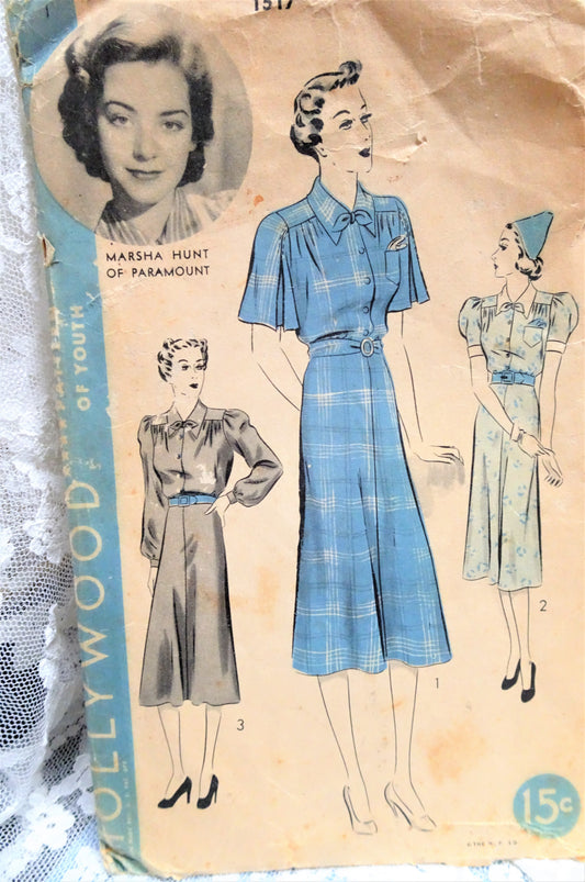 1930s PRETTY Dress Pattern HOLLYWOOD 1517 Features Starlet Marsha Hunt Three Style Versions Bust 34 Vintage Sewing Pattern