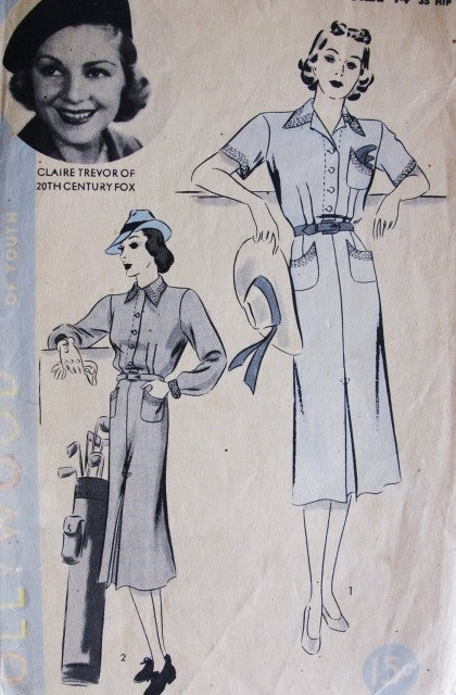 1930s Tailored Dress Pattern Hollywood 1526 Featuring Claire Trevor Stylish Dress Bust 32 Vintage Sewing Pattern